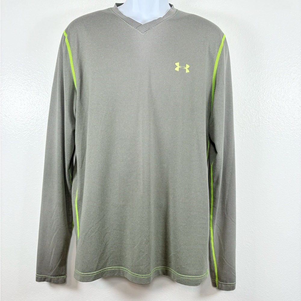 Under Armour Gray and Neon Green Cold Gear Fitted Long Sleeve V-neck Shirt SzL